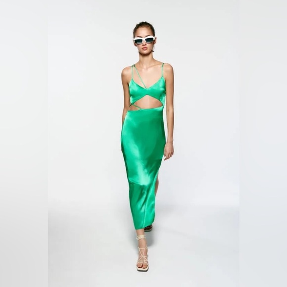 Zara Dresses & Skirts - Zara Asymmetric Satin Green Spring Dress Midi Beach Resort Vacation S 3521/260
